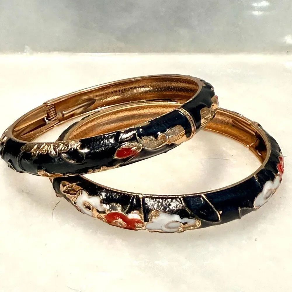 NWT UJOY Enameled Floral Cloisonne Cuff Black Gold-tone Bangle Bracelet Set of 2